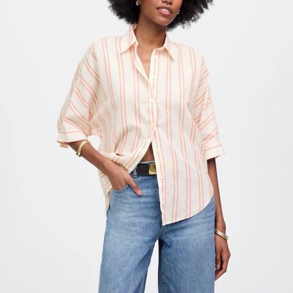 NWT Madewell Oversized Pleated-Sleeve Button-Up Stripe Shirt Bright Flame XL